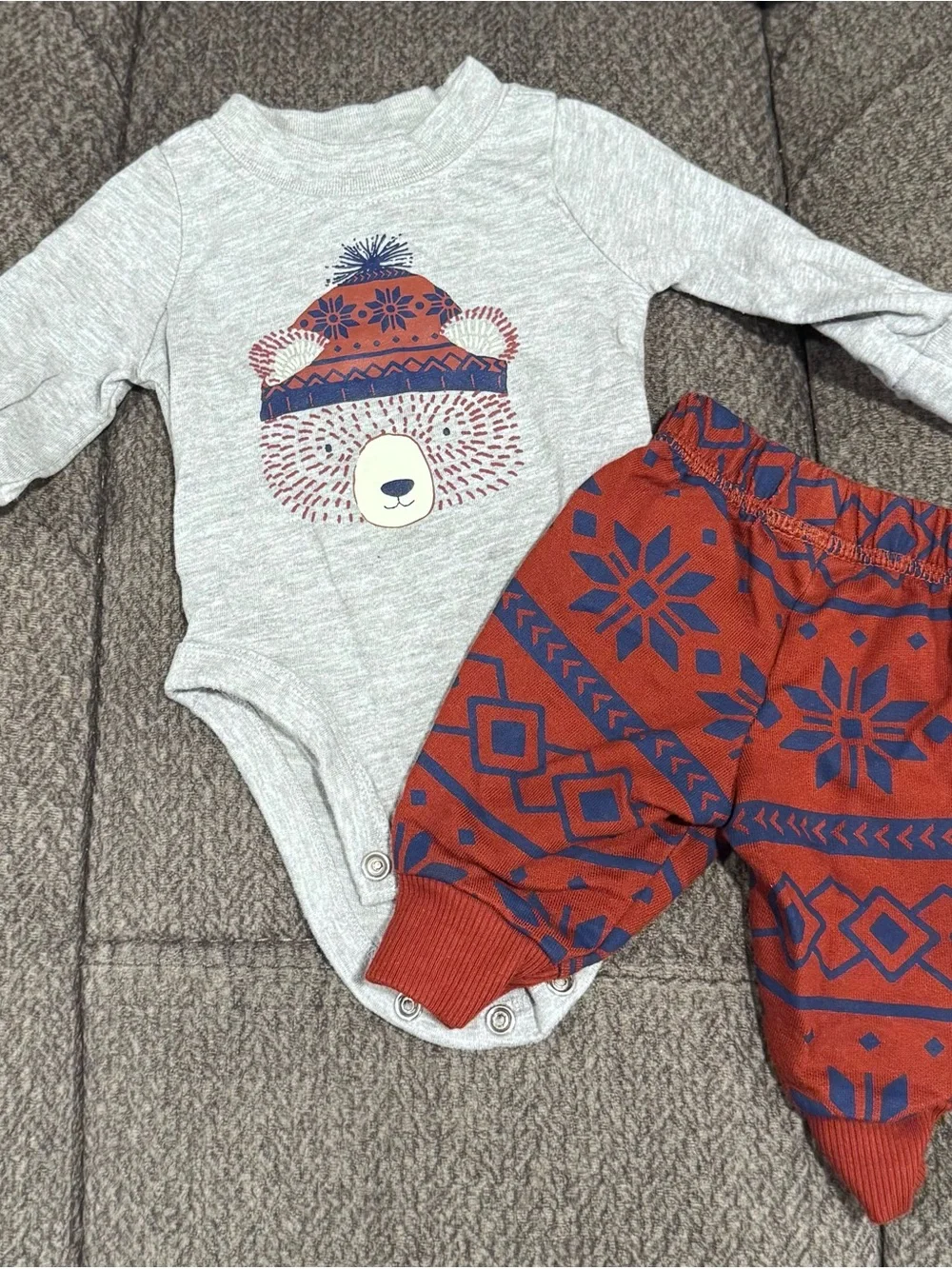Gray Bear Graphic Two-Piece with Rust Patterned Pants - newborn